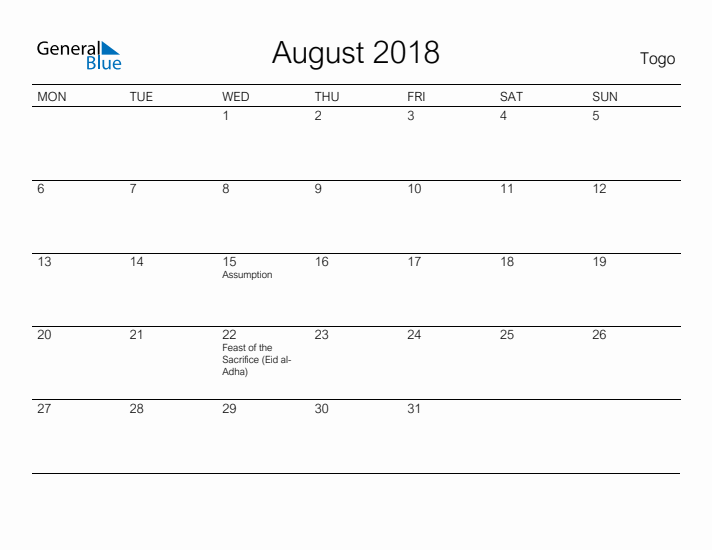 Printable August 2018 Calendar for Togo