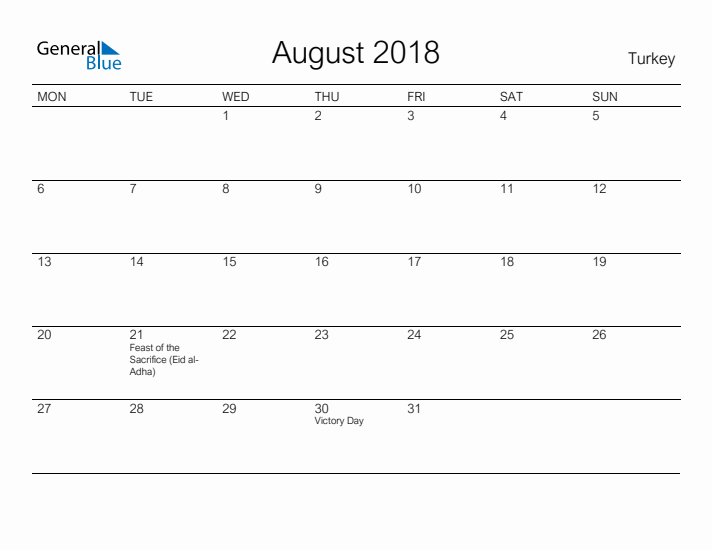 Printable August 2018 Calendar for Turkey
