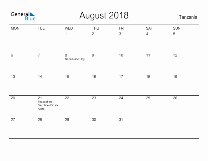 Printable August 2018 Calendar for Tanzania