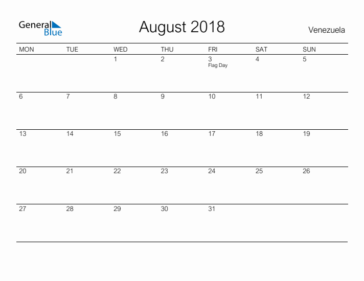 Printable August 2018 Calendar for Venezuela
