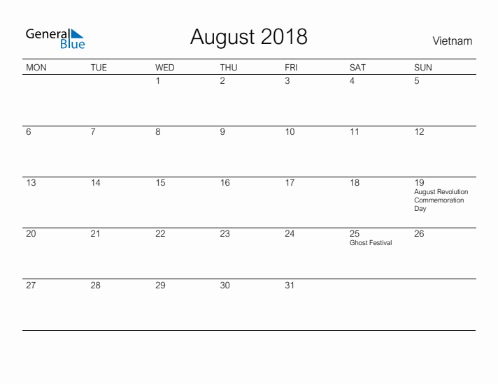 Printable August 2018 Calendar for Vietnam