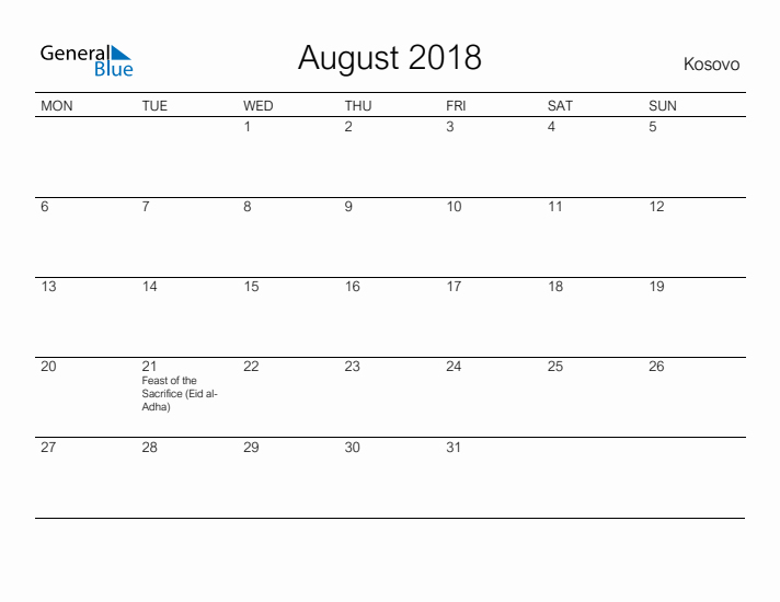 Printable August 2018 Calendar for Kosovo