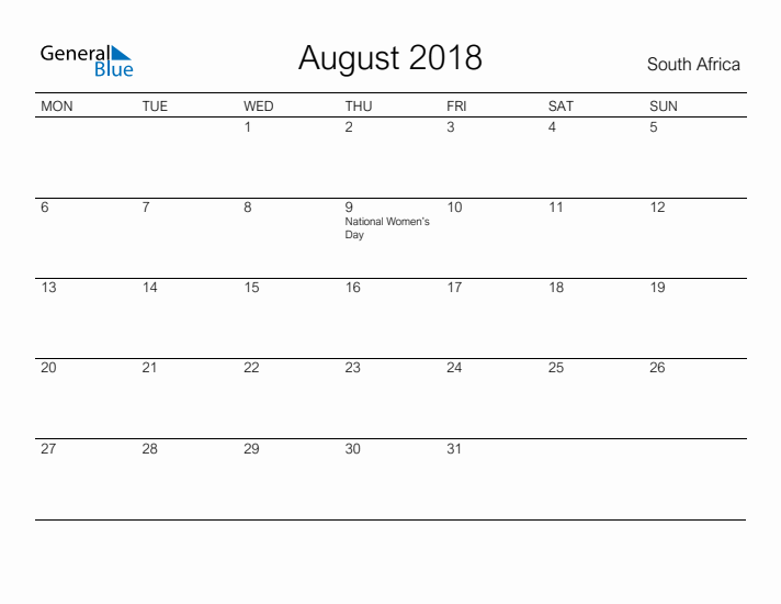 Printable August 2018 Calendar for South Africa