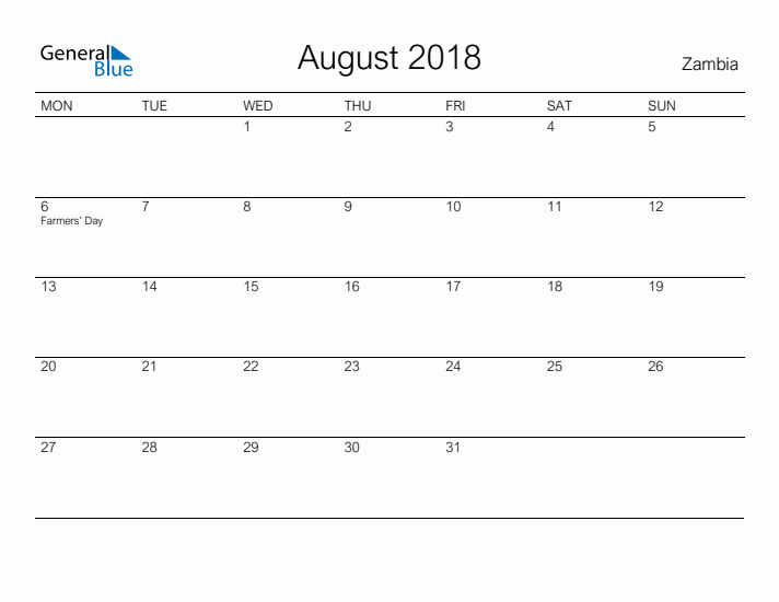 Printable August 2018 Calendar for Zambia