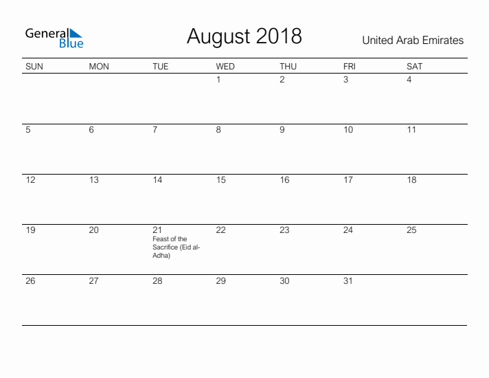 Printable August 2018 Calendar for United Arab Emirates