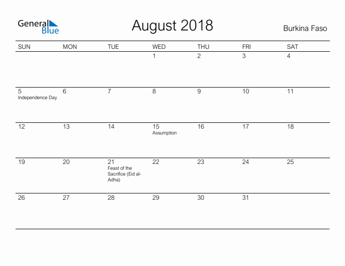 Printable August 2018 Calendar for Burkina Faso