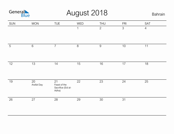 Printable August 2018 Calendar for Bahrain