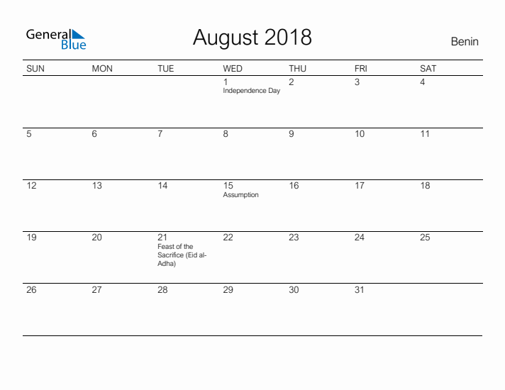 Printable August 2018 Calendar for Benin