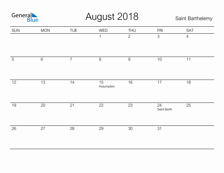 Printable August 2018 Calendar for Saint Barthelemy