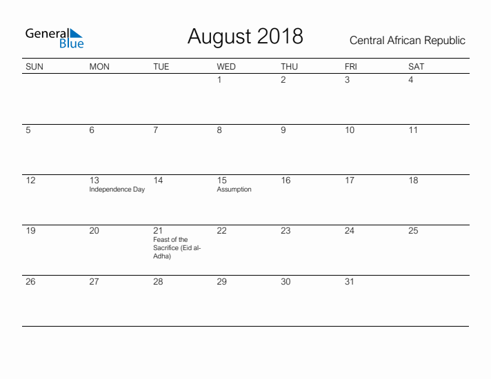 Printable August 2018 Calendar for Central African Republic