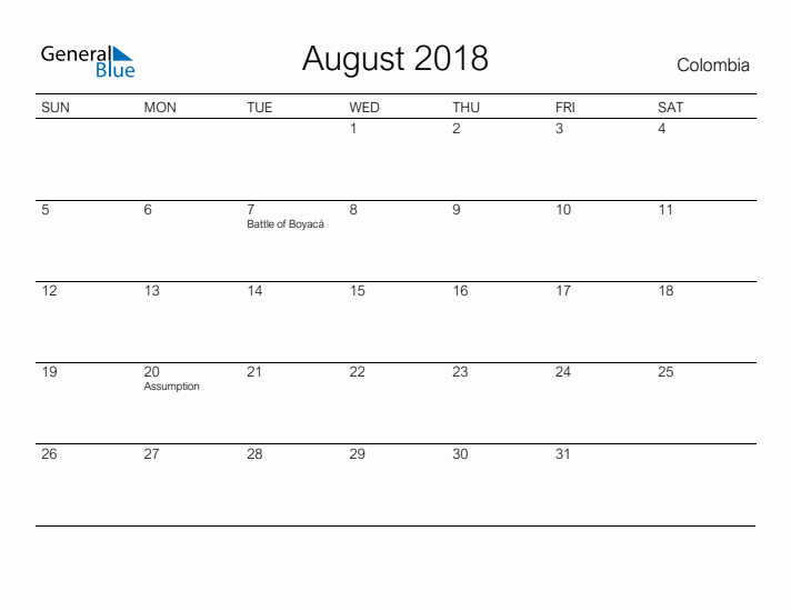 Printable August 2018 Calendar for Colombia