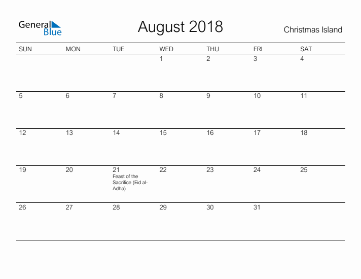 Printable August 2018 Calendar for Christmas Island