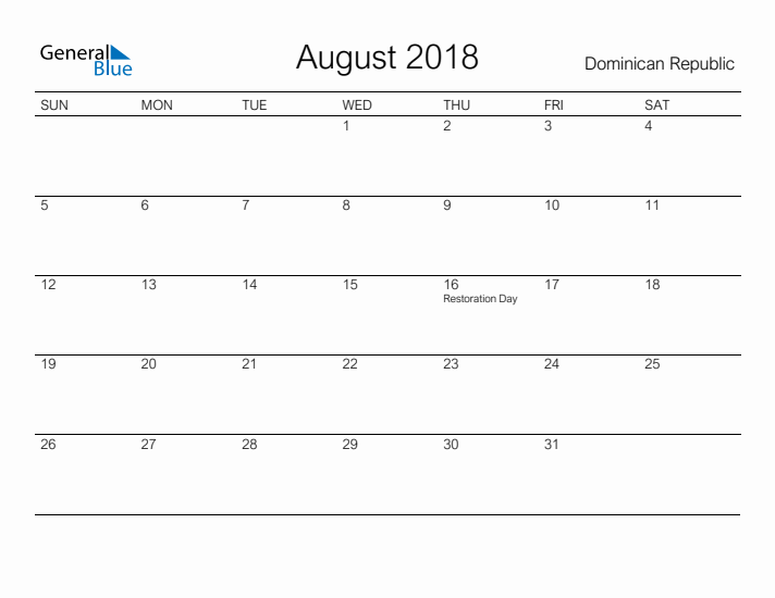 Printable August 2018 Calendar for Dominican Republic