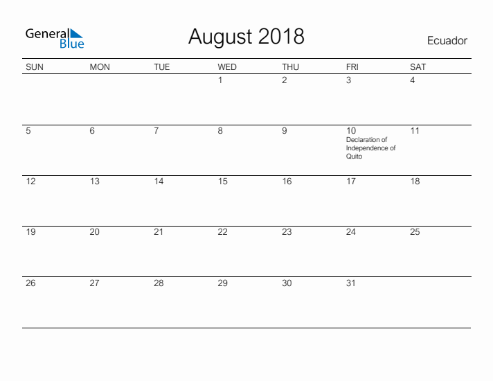 Printable August 2018 Calendar for Ecuador
