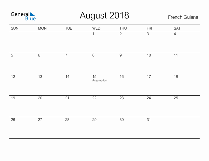 Printable August 2018 Calendar for French Guiana
