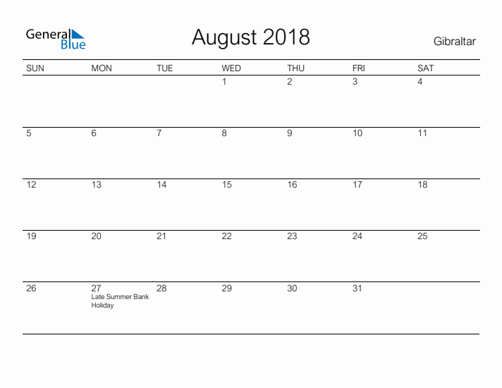 Printable August 2018 Calendar for Gibraltar