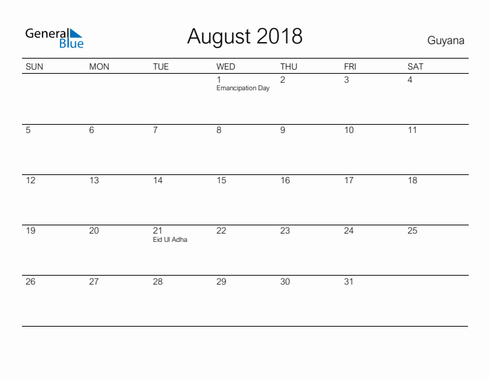 Printable August 2018 Calendar for Guyana