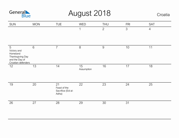Printable August 2018 Calendar for Croatia