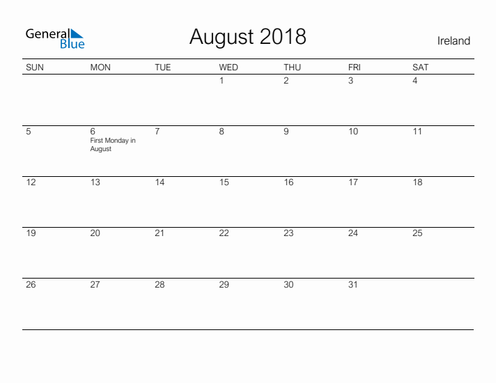 Printable August 2018 Calendar for Ireland