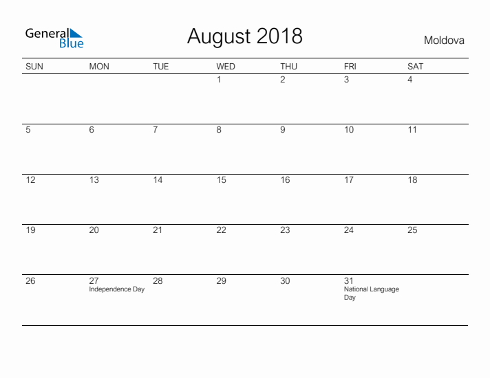 Printable August 2018 Calendar for Moldova
