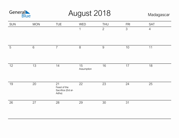 Printable August 2018 Calendar for Madagascar