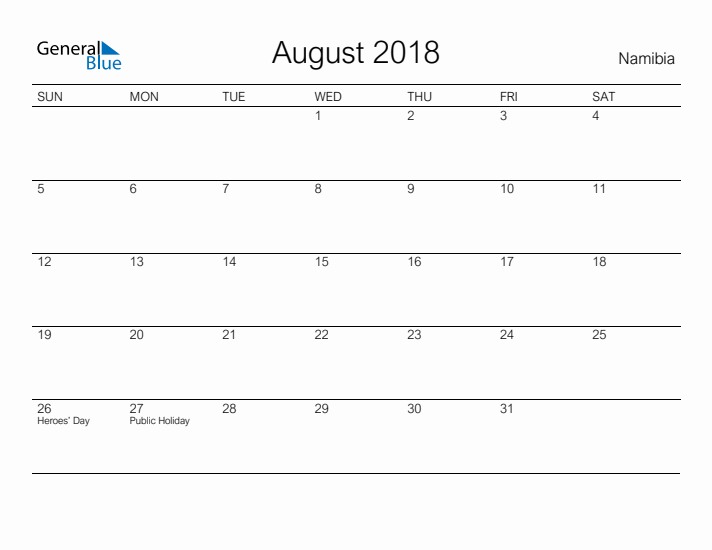 Printable August 2018 Calendar for Namibia