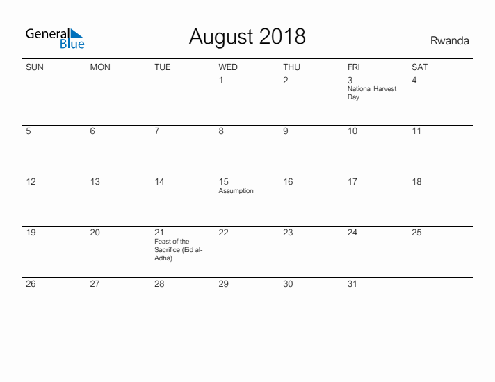 Printable August 2018 Calendar for Rwanda