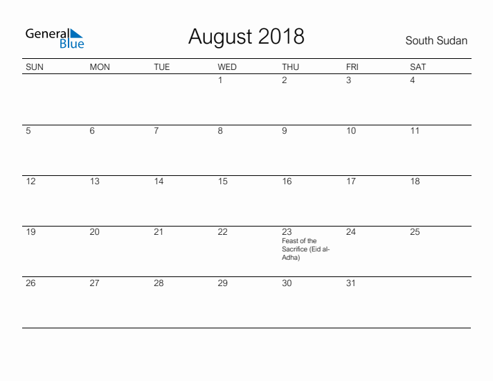 Printable August 2018 Calendar for South Sudan