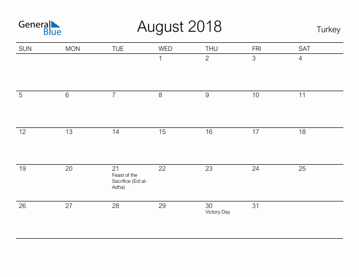 Printable August 2018 Calendar for Turkey