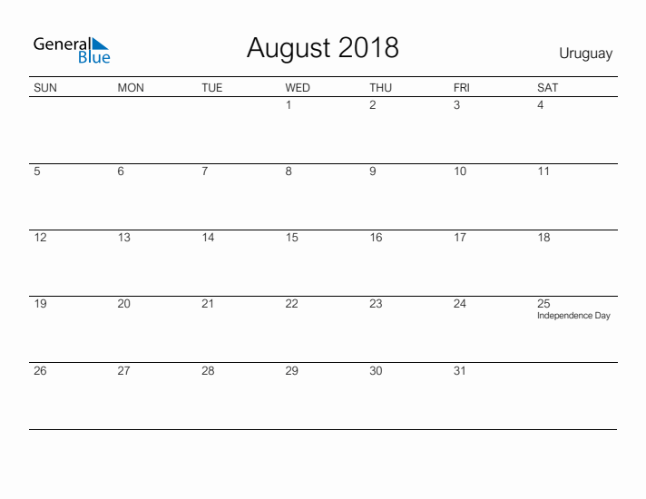 Printable August 2018 Calendar for Uruguay