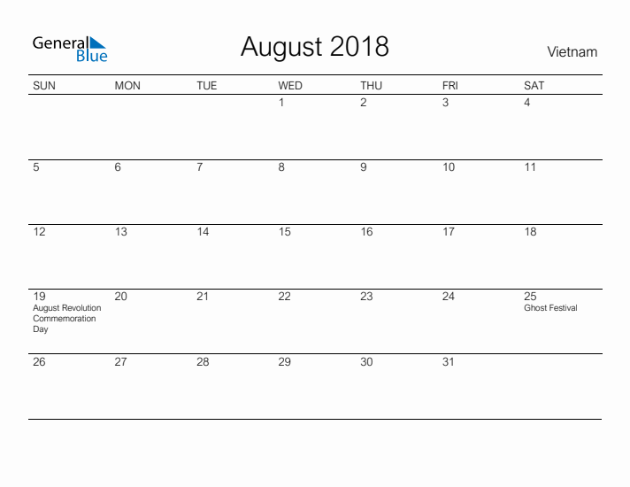 Printable August 2018 Calendar for Vietnam