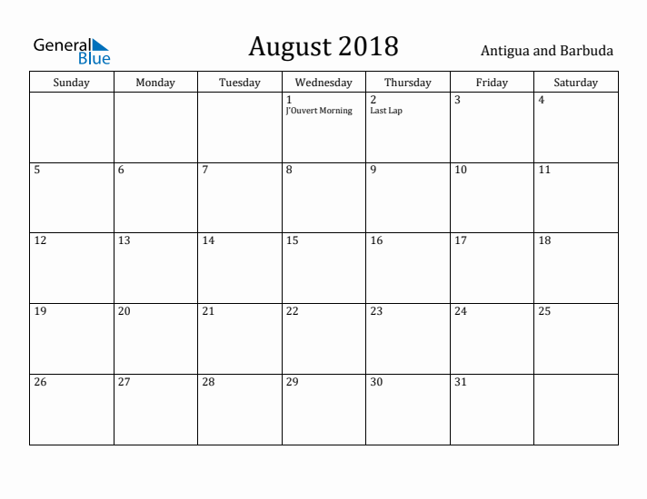 August 2018 Calendar Antigua and Barbuda