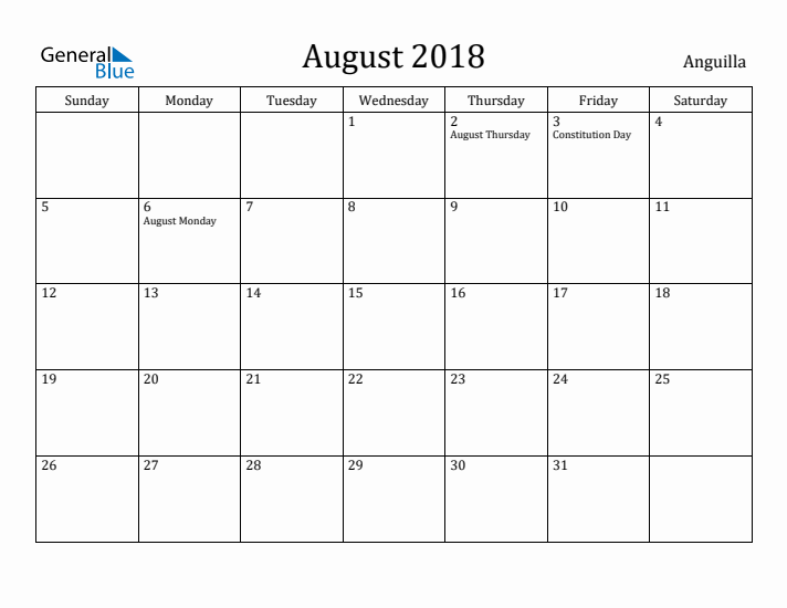 August 2018 Calendar Anguilla