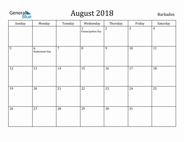 August 2018 Calendar Barbados