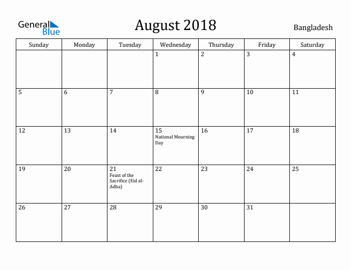 August 2018 Calendar Bangladesh