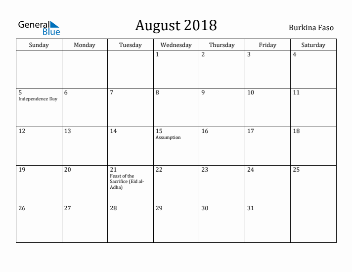 August 2018 Calendar Burkina Faso