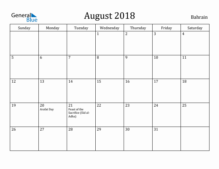 August 2018 Calendar Bahrain