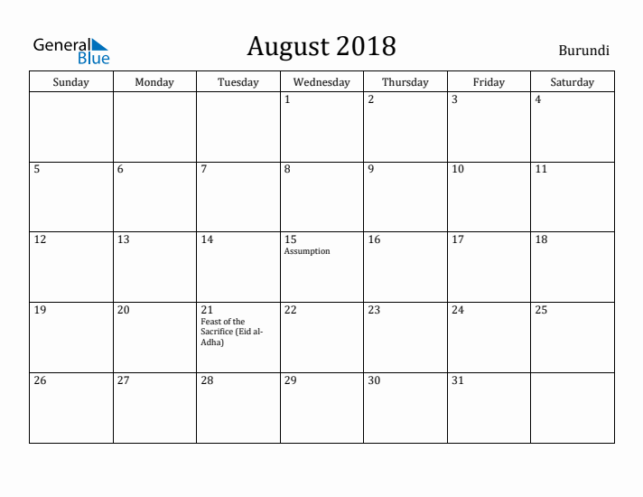 August 2018 Calendar Burundi
