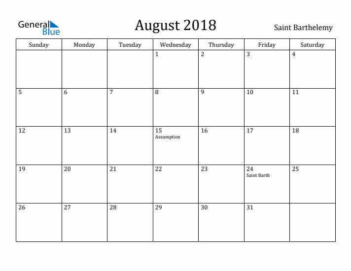 August 2018 Calendar Saint Barthelemy