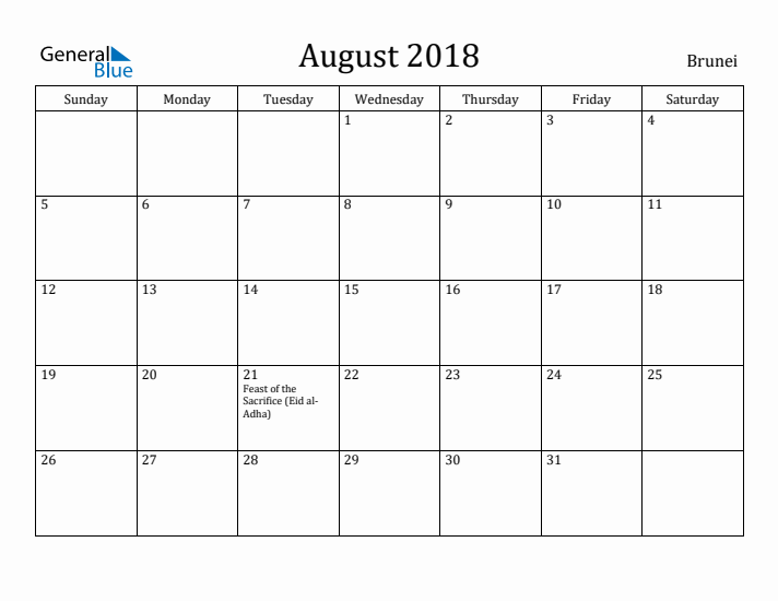 August 2018 Calendar Brunei