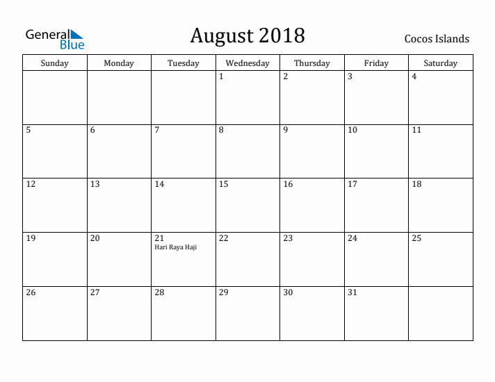 August 2018 Calendar Cocos Islands