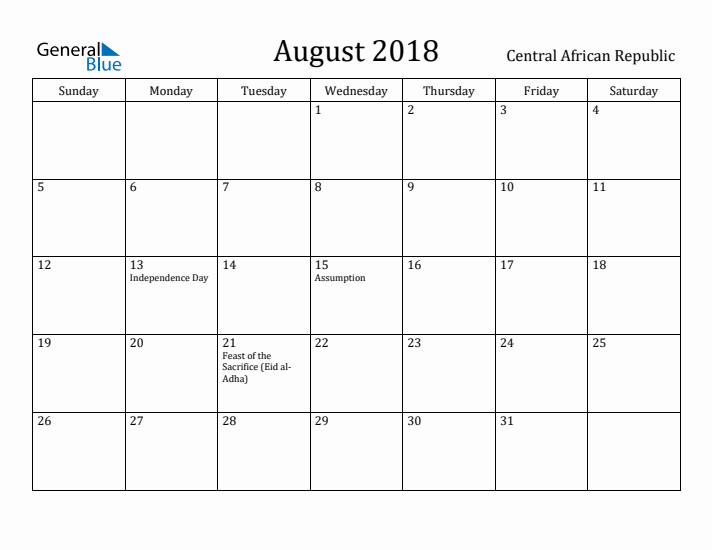 August 2018 Calendar Central African Republic