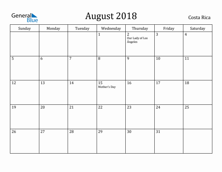August 2018 Calendar Costa Rica