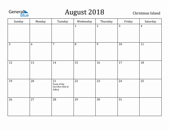 August 2018 Calendar Christmas Island
