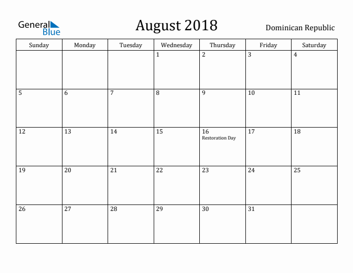 August 2018 Calendar Dominican Republic