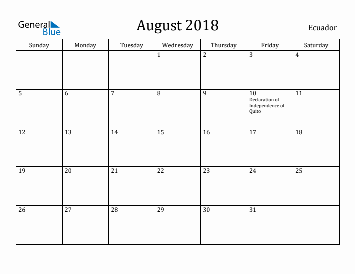 August 2018 Calendar Ecuador