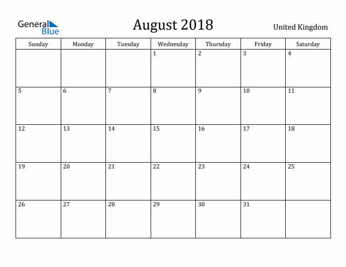 August 2018 Calendar United Kingdom