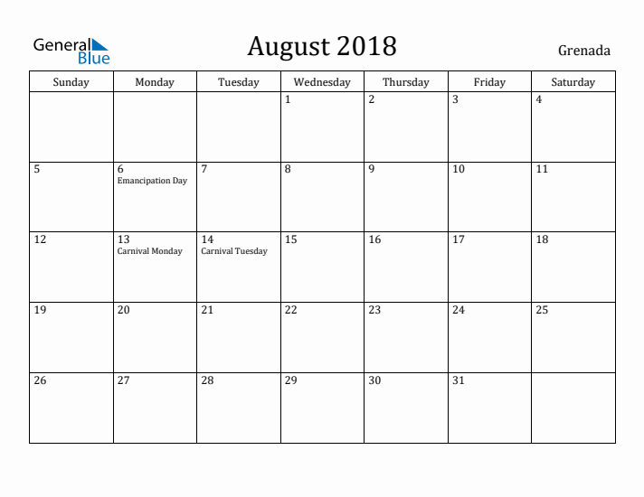 August 2018 Calendar Grenada