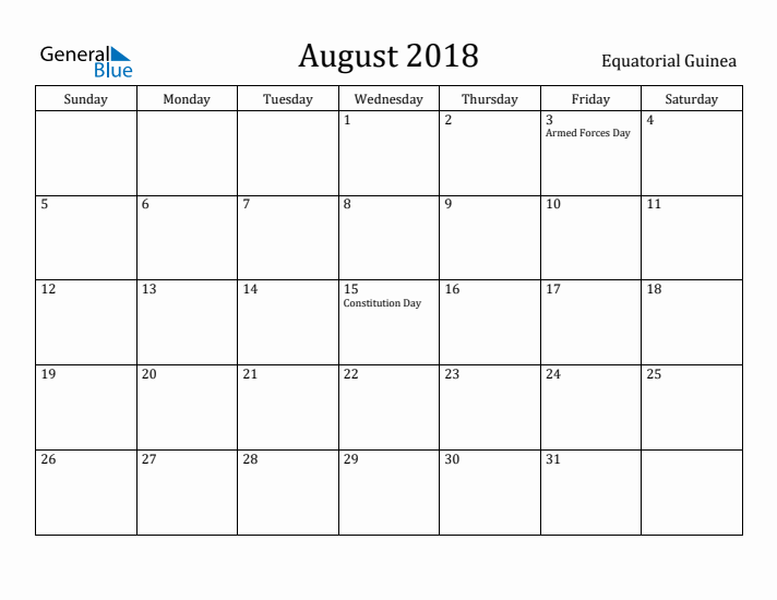 August 2018 Calendar Equatorial Guinea