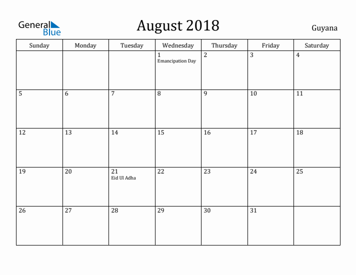 August 2018 Calendar Guyana